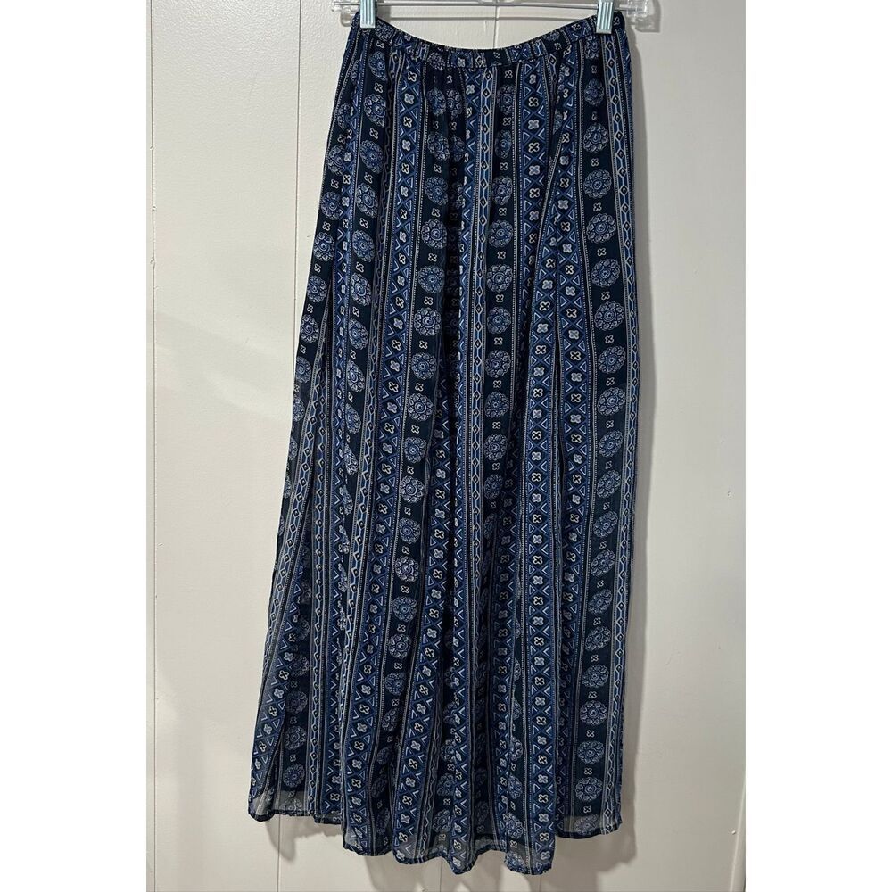 Hollister Boho Maxi Skirt Small Blue Geometric Floral Print Flowy Summer Beach S - Picture 2 of 5